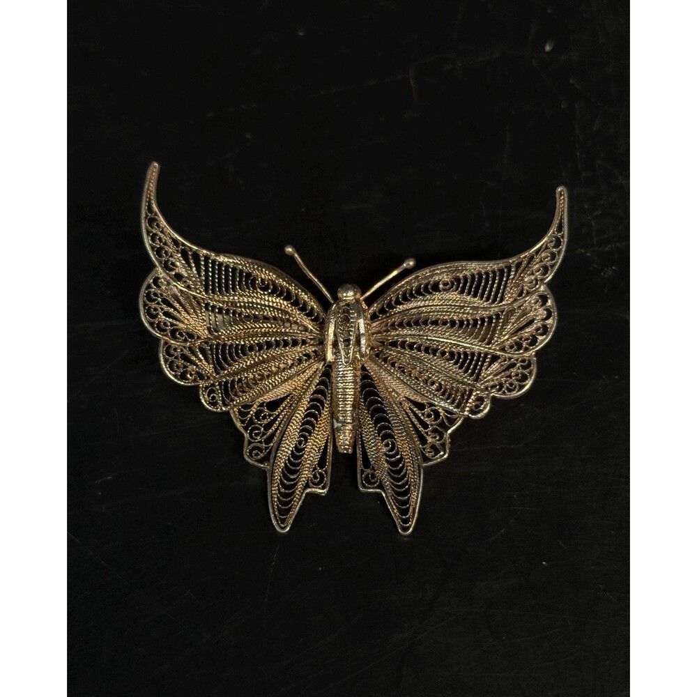 Vintage 800 Silver Filigree Butterfly Brooch Large Moth Pin Ornate